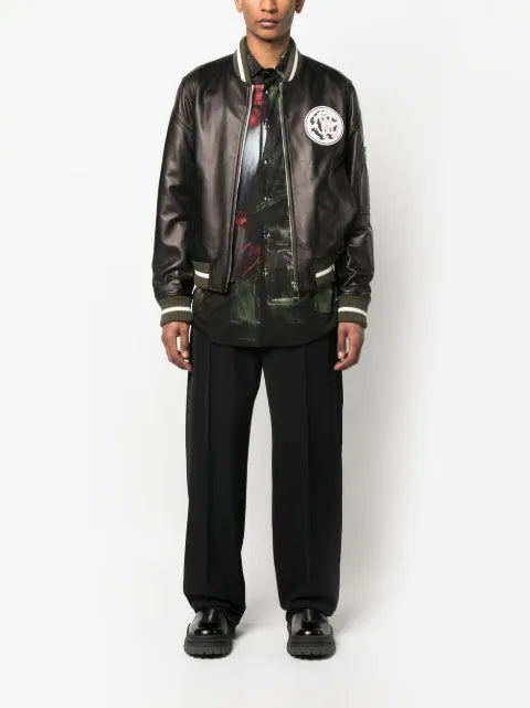 Roberto Cavalli leather monogram-patch bomber jacket