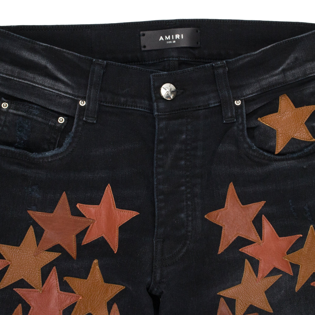 LEATHER STAR APPLIQUE CHEMIST AGED BLACK JEANS
