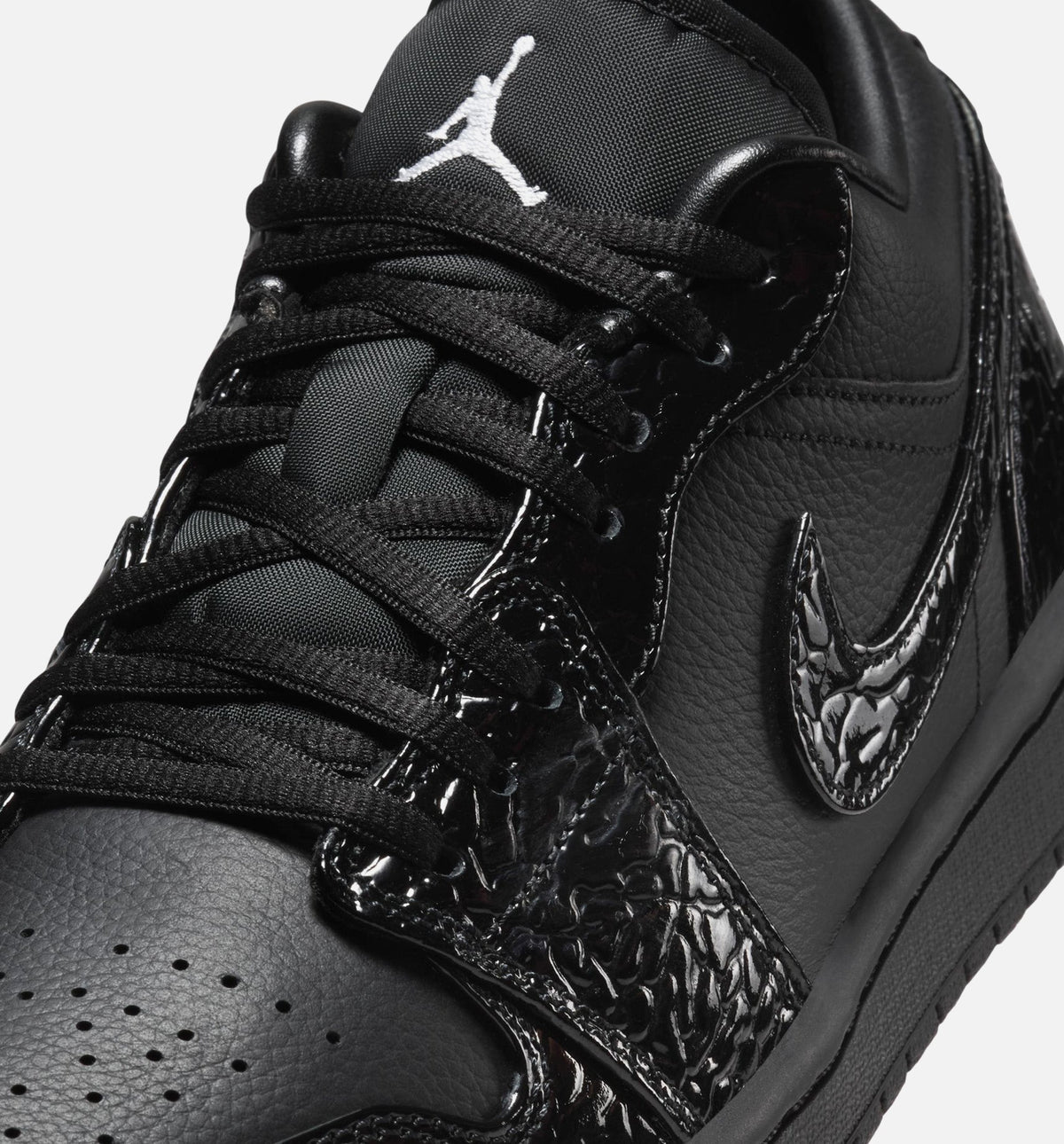Air Jordan 1 Low Patent Elephant Women's Lifestyle Shoe – Black / White / Metallic Silver
