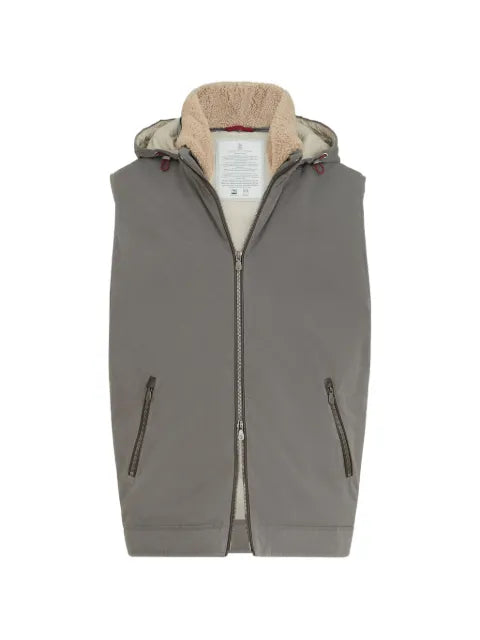 Brunello Cucinelli waxed techno-cotton down vest with detachable hood