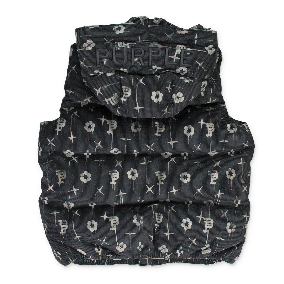 Black Printed Corduroy AOP Puffer Vest