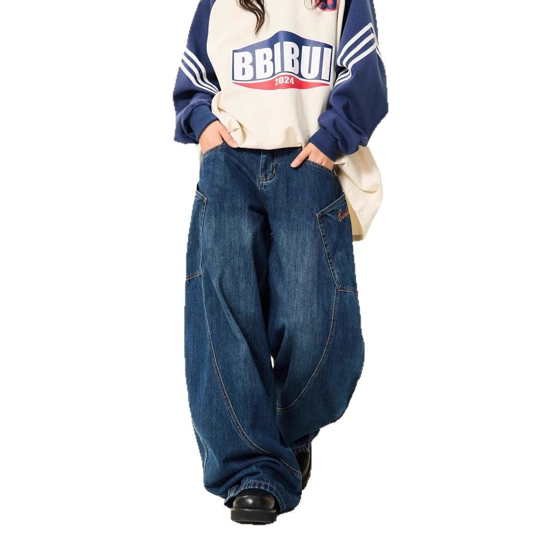 Y2K Vintage Big‑Pocket Curved Baggy Wide‑Leg Jeans Streetwear