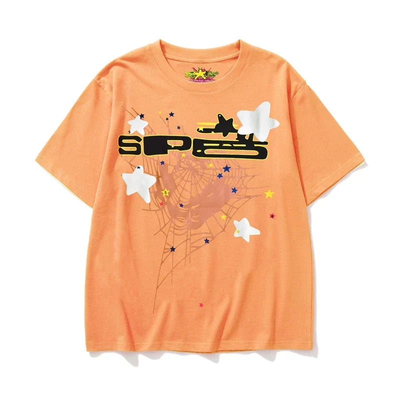 Sp5der Spider Web & Black Letter Graphic Orange Short Sleeve T-Shirt