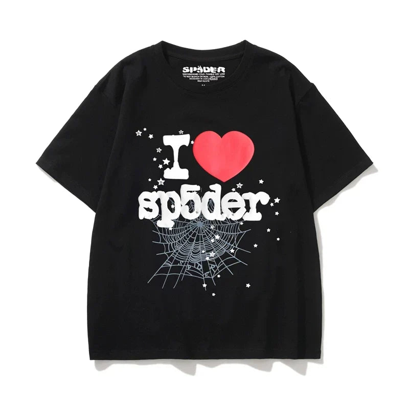 Sp5der "I Heart Sp5der" Red Heart & Spider Web Graphic Black Short Sleeve T-Shirt