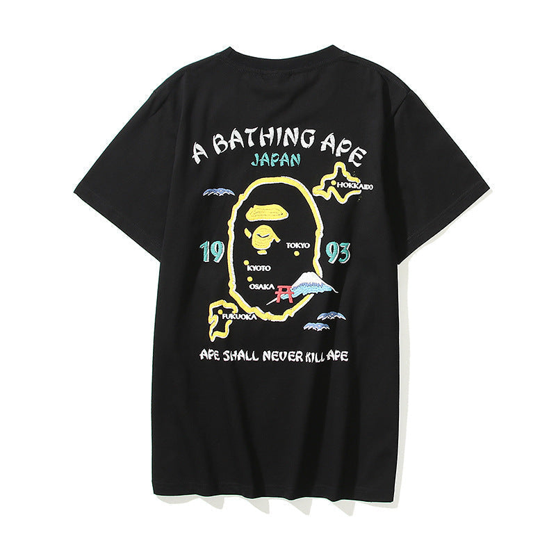 Bathing Ape T-Shirt Summer Golden Printing Men's and Women's plus Size Loose Short Sleeve