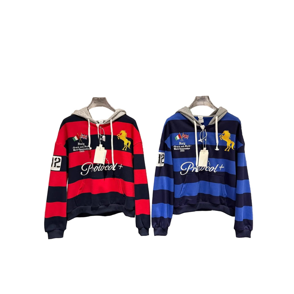 Protocol Index Striped Horse Embroidered Rugby Hoodie Unisex