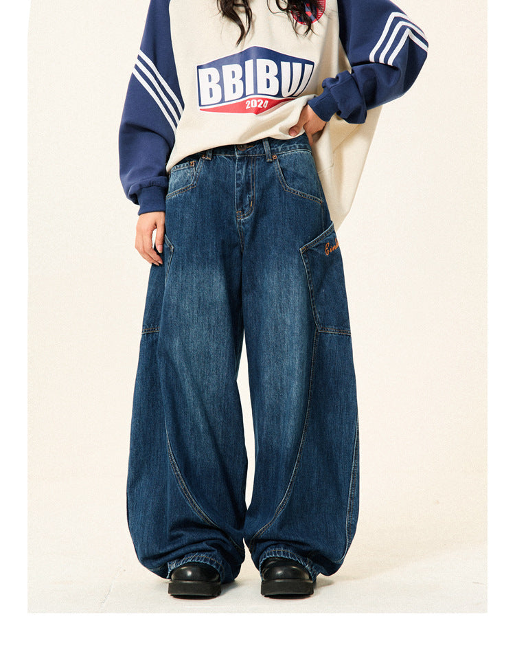Y2K Vintage Big‑Pocket Curved Baggy Wide‑Leg Jeans Streetwear