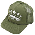 Corteiz Vintage Olive Green Trucker Hat with White Stars and Cruise Ship Graphic