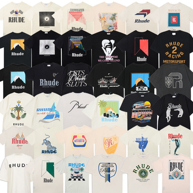 Rhude Graphic Tees Vintage High Street Loose Couple Crew Neck T-Shirt