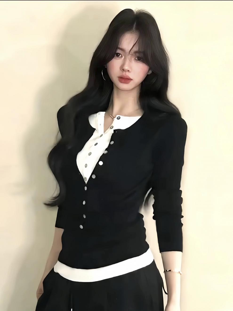 Mock Two‑Piece Button Slim Knit Long Sleeve Top Korean Fall Sweater