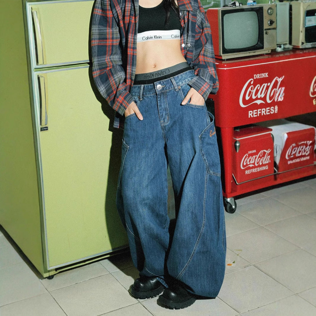 Y2K Vintage Big‑Pocket Curved Baggy Wide‑Leg Jeans Streetwear