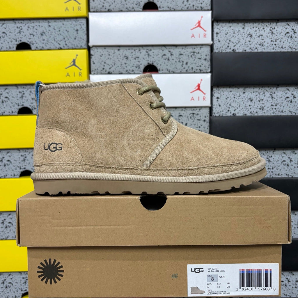 UGG Lace-Up Suede Ankle Boot with Gold Eyelet Hardware, Blue Pull Tab & Chunky Lug Sole in Sand