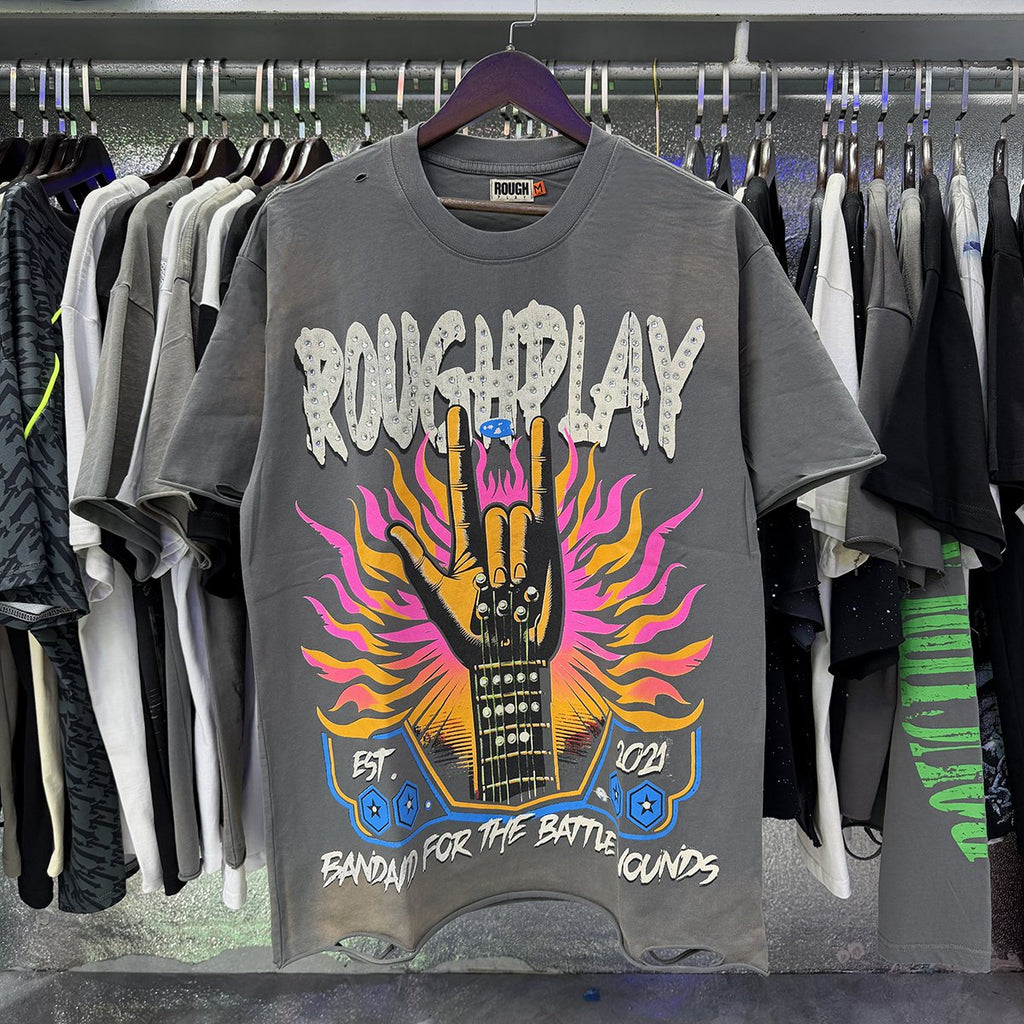 Rough Play Rock Hand Guitar Rhinestone Graphic T-Shirt