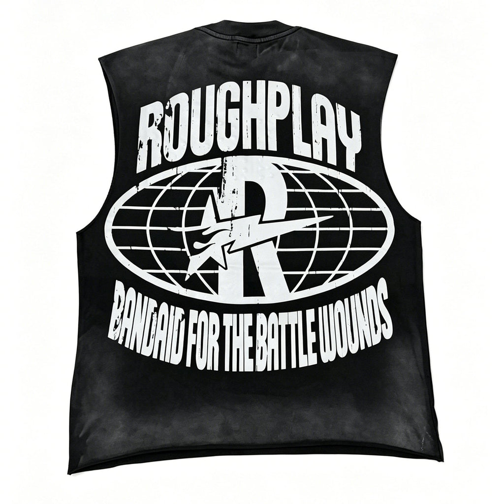 Rough Play Warning Globe Graphic Sleeveless T-Shirt