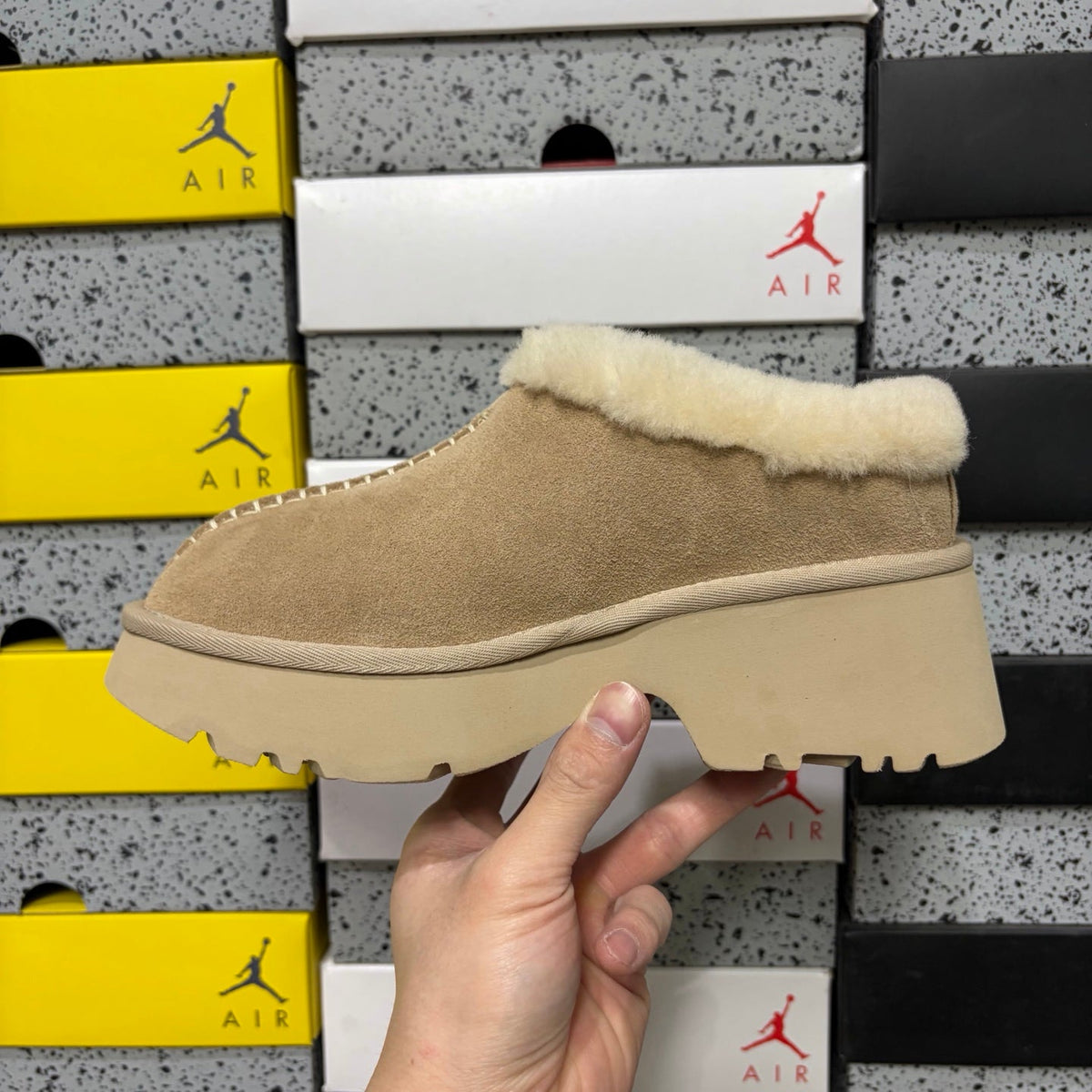 UGG Funkette Platform Clog – Women's Sherpa-Collar Suede Mule in Sand