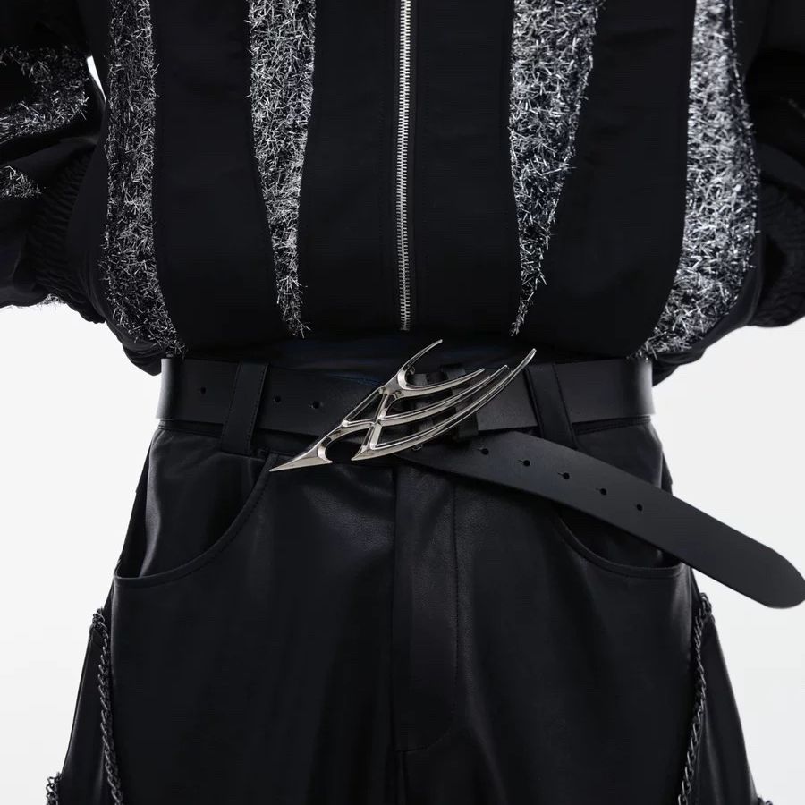 Avant-Garde Cyberpunk Leather Belt Sculptural Metal Buckle Waist Belt