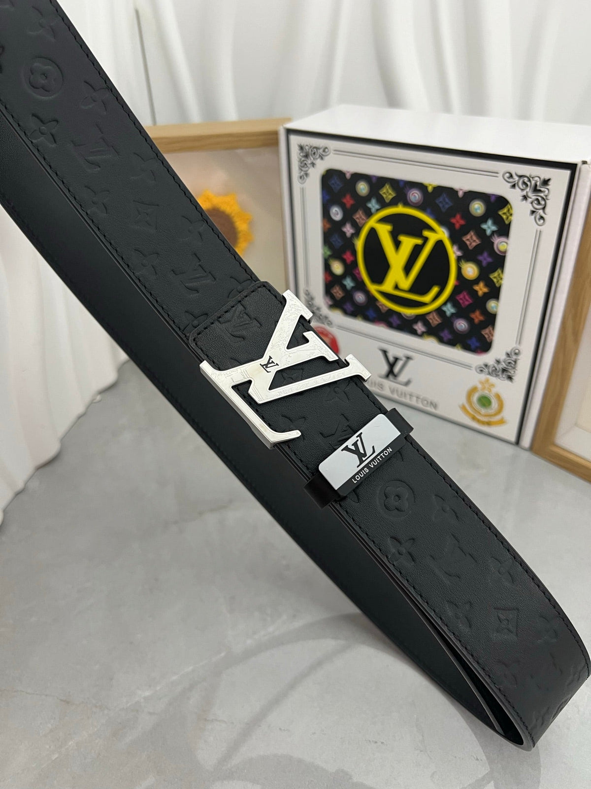 LOUIS VUITTON LV 25S BELT 38 MM IN BLACK CALFSKIN STAMP LOGO 593295