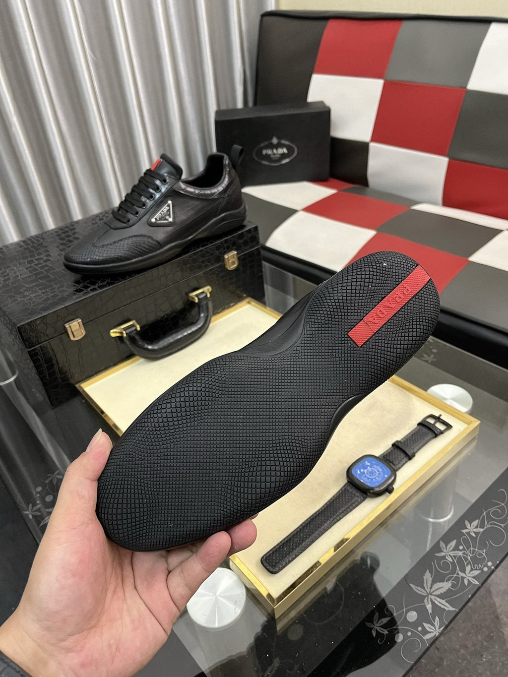 Prada Black Textured Low-Top Sneakers