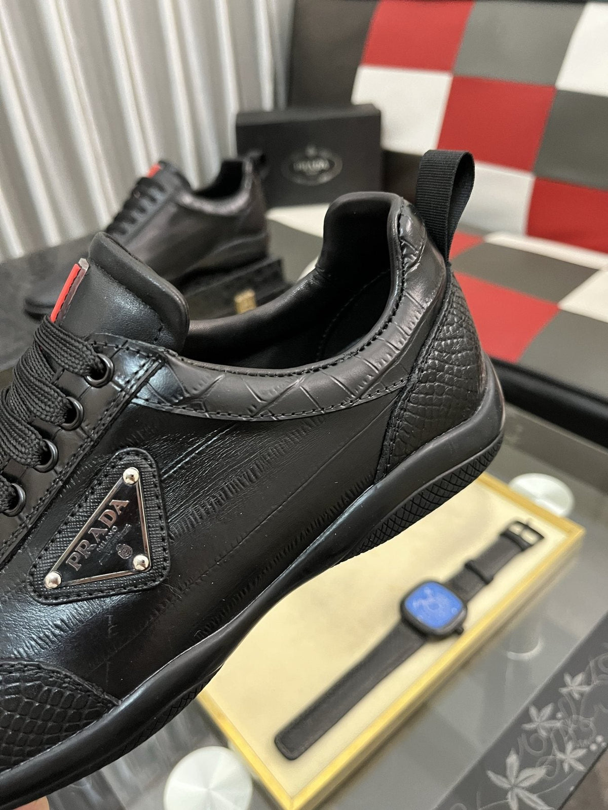 Prada Black Textured Low-Top Sneakers