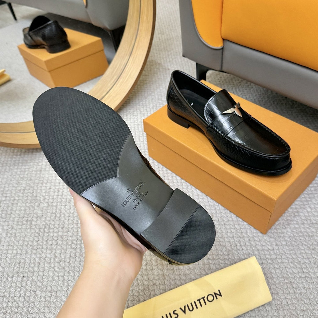 Louis Vuitton Men's Black Embossed Leather Loafers