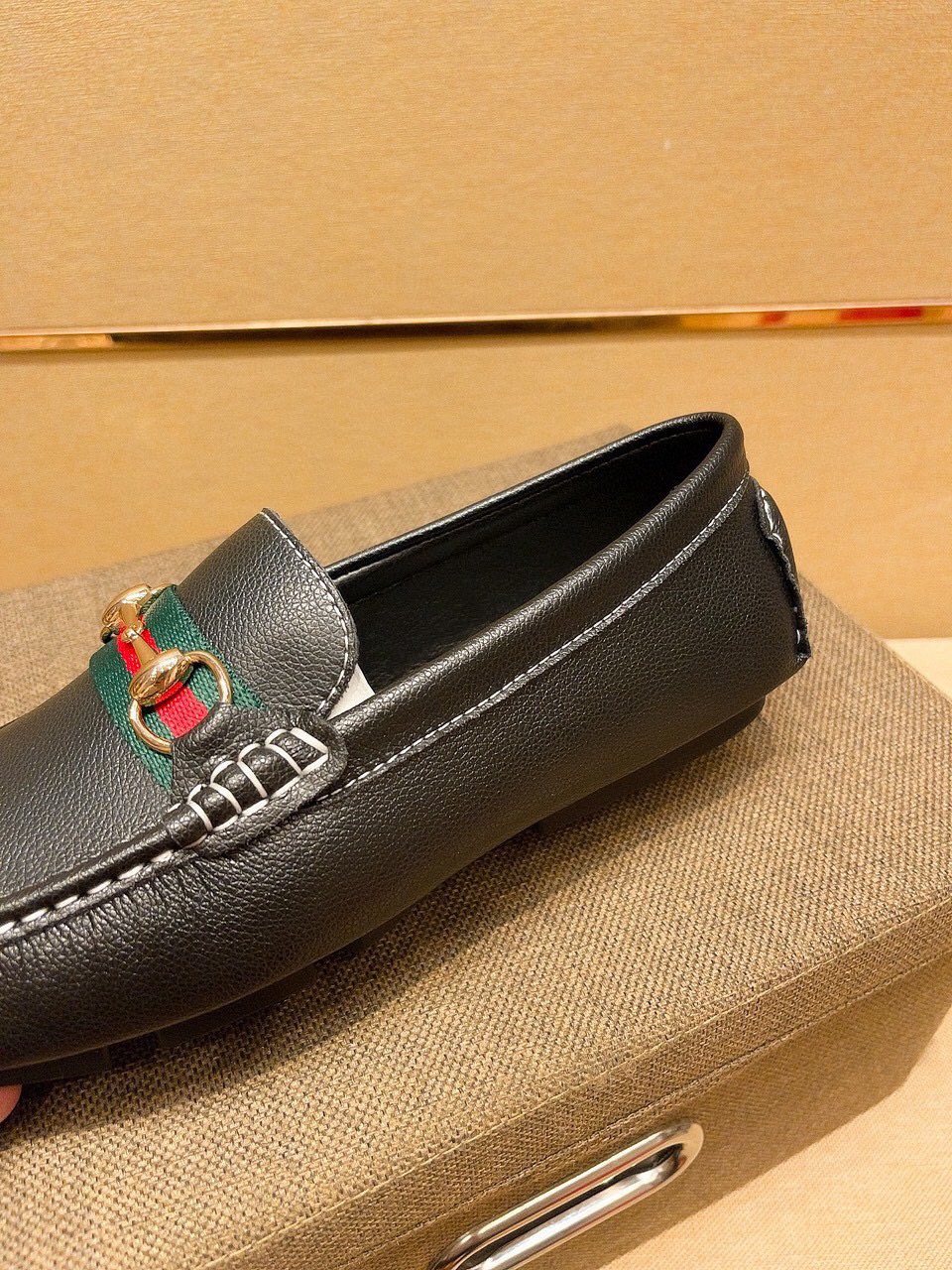 Gucci Black Loafers with Red and Green Strap