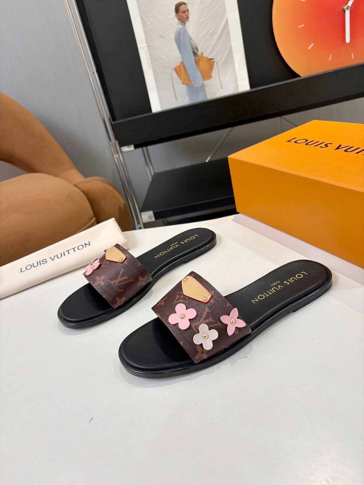 Louis Vuitton Floral Slide Sandals - Dark Brown, Black & Pink