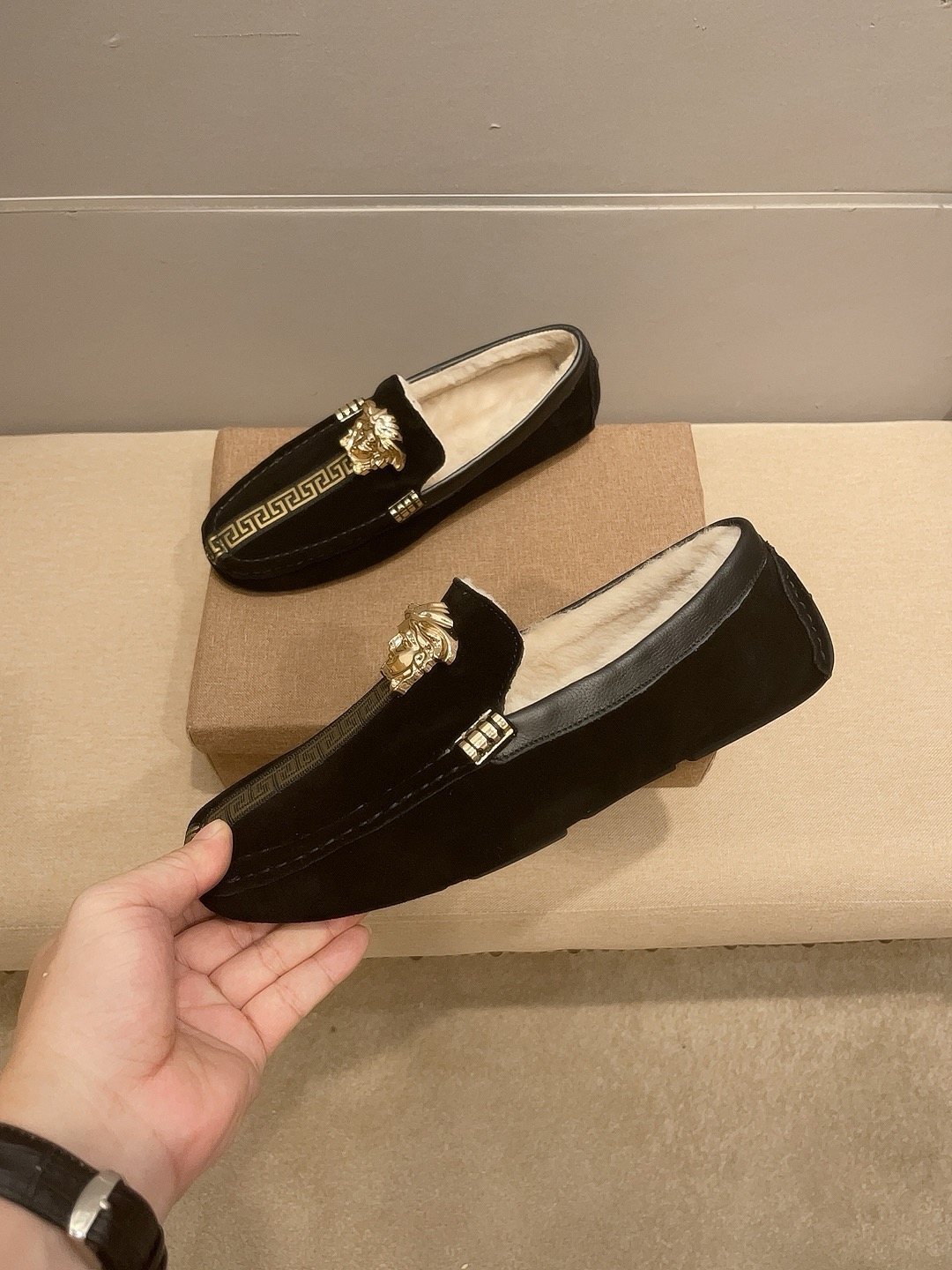 Versace Men's Black Gold-Detail Slip-On Shoes