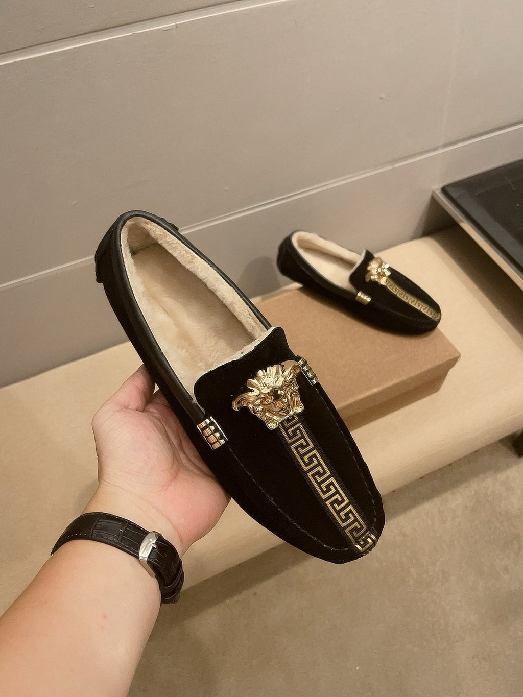 Versace Men's Black Gold-Detail Slip-On Shoes