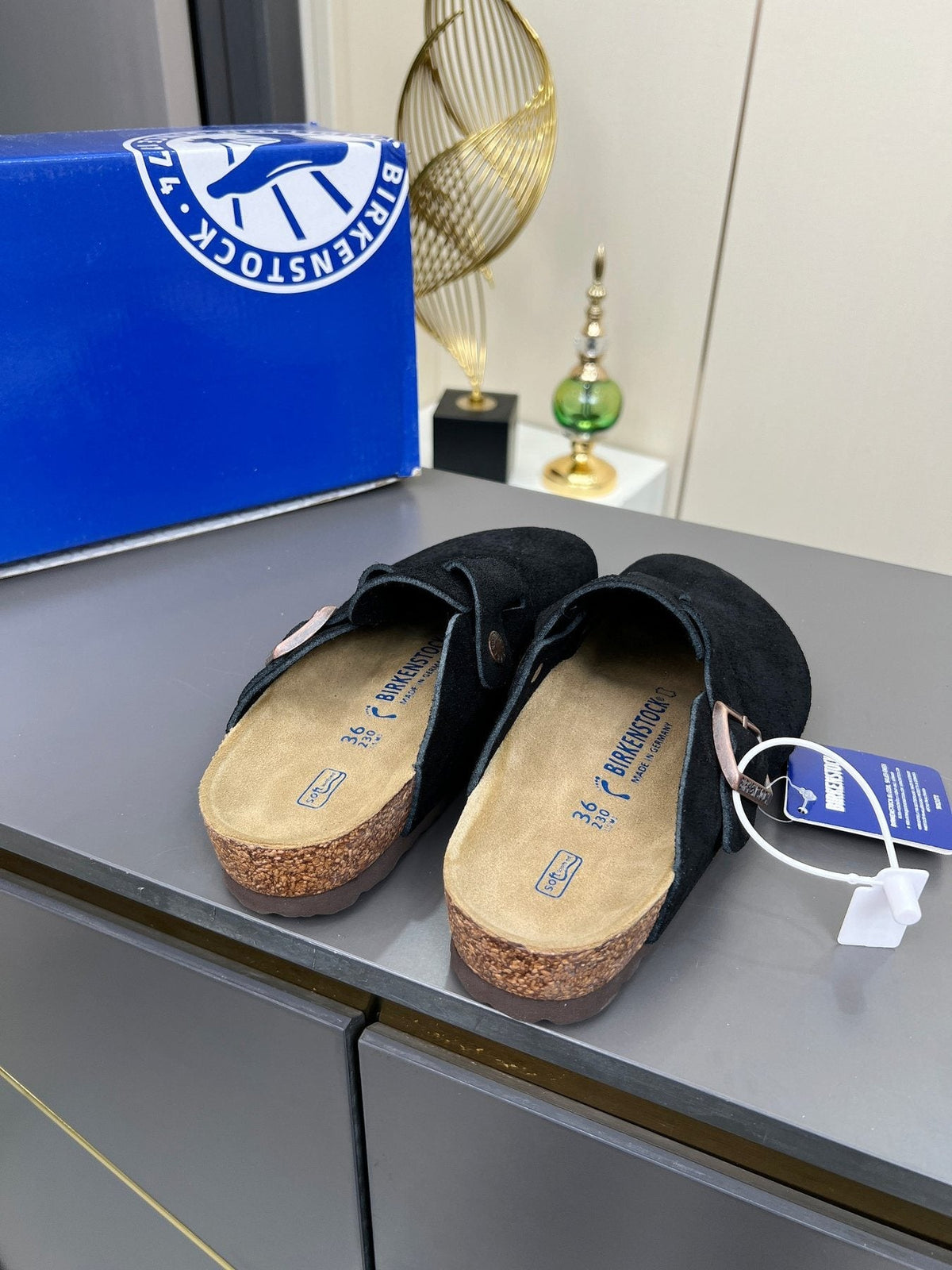 Birkenstock Black Suede Buckle Mule Clogs