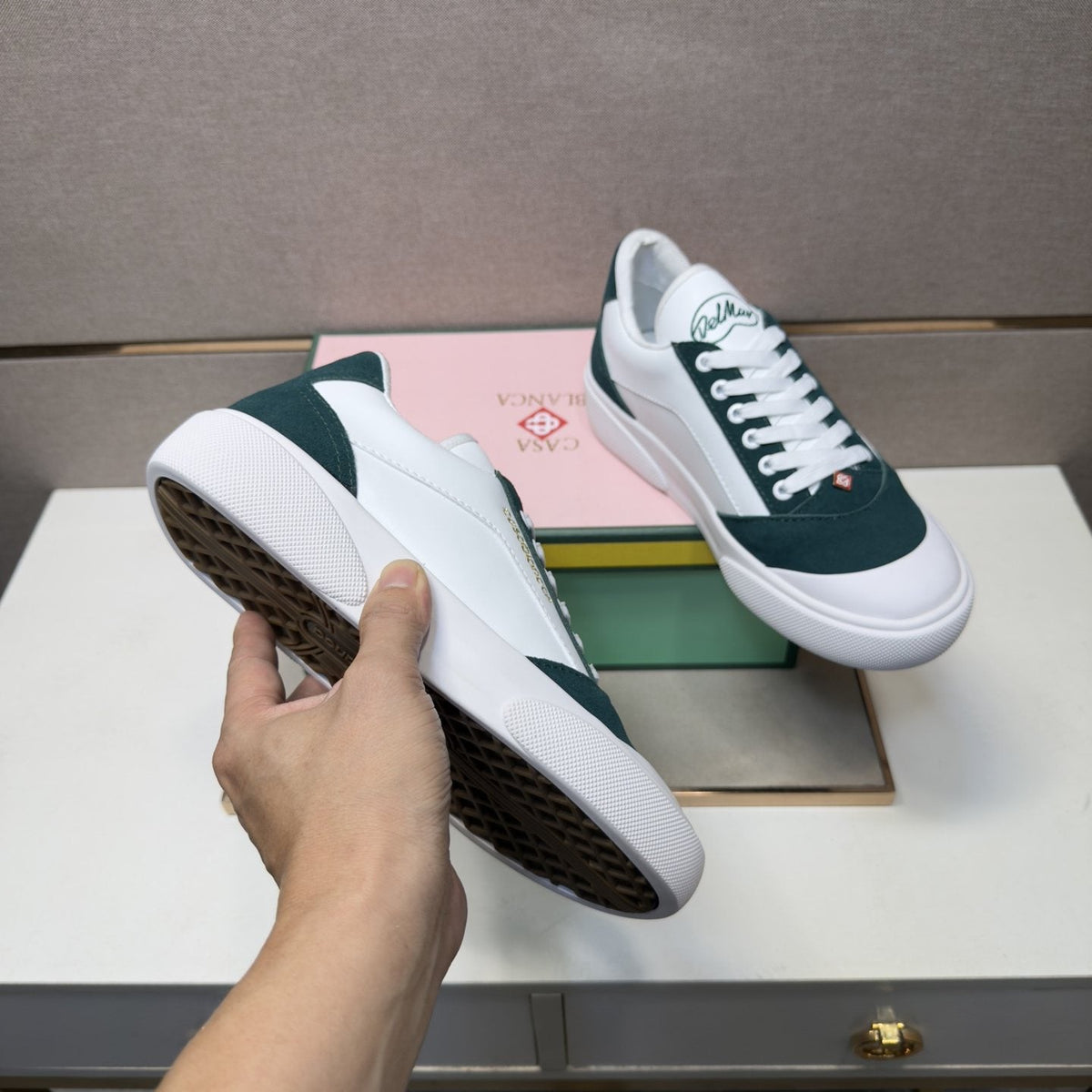 CASA BLANCA Men's White and Dark Green Sneakers