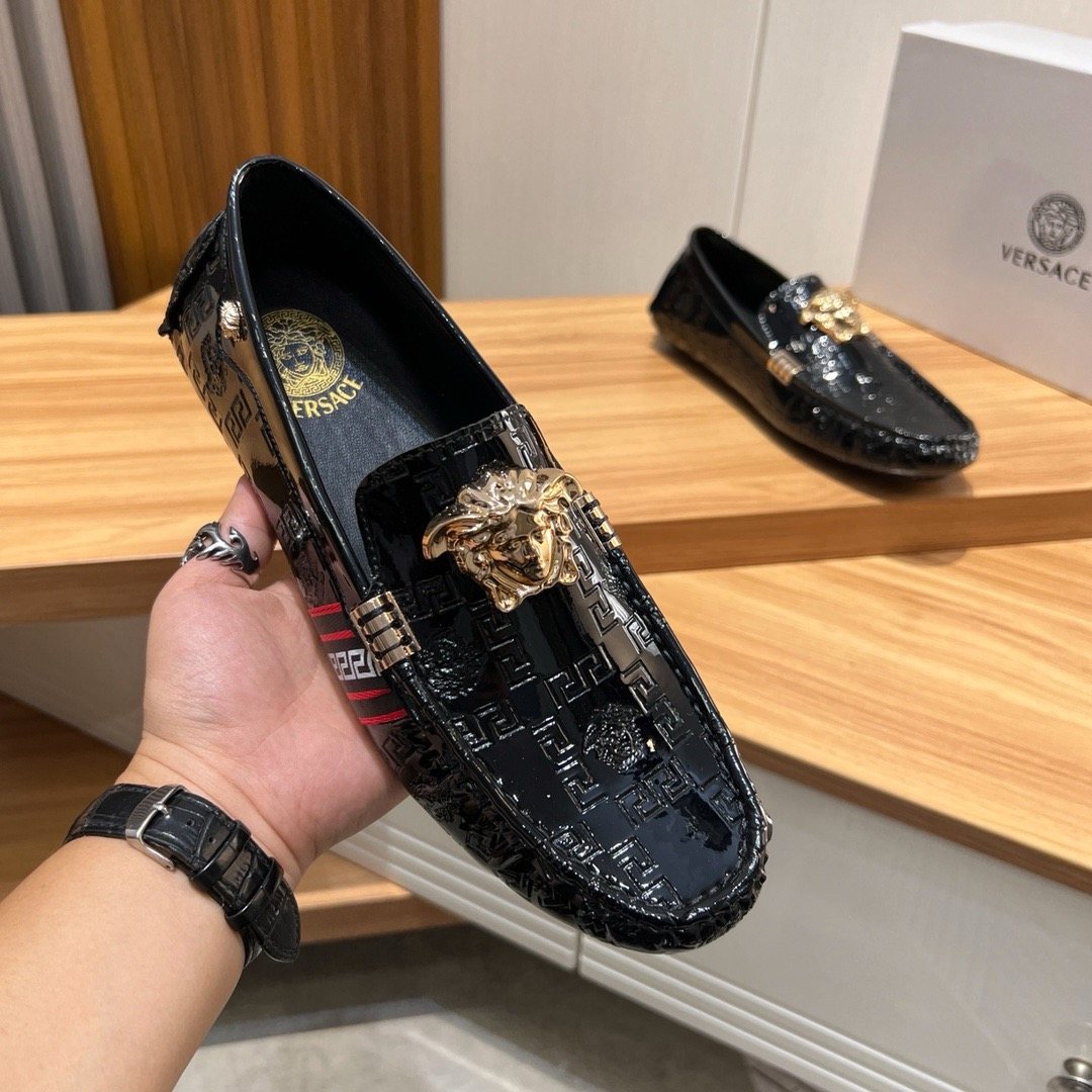 Versace Black Patterned Loafers with Gold-Tone Ornament