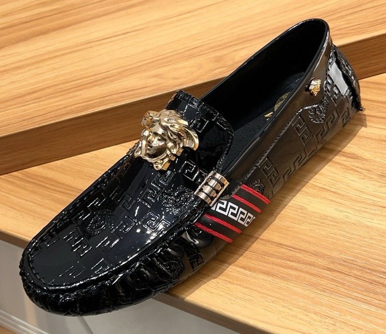 Versace Black Patterned Loafers with Gold-Tone Ornament
