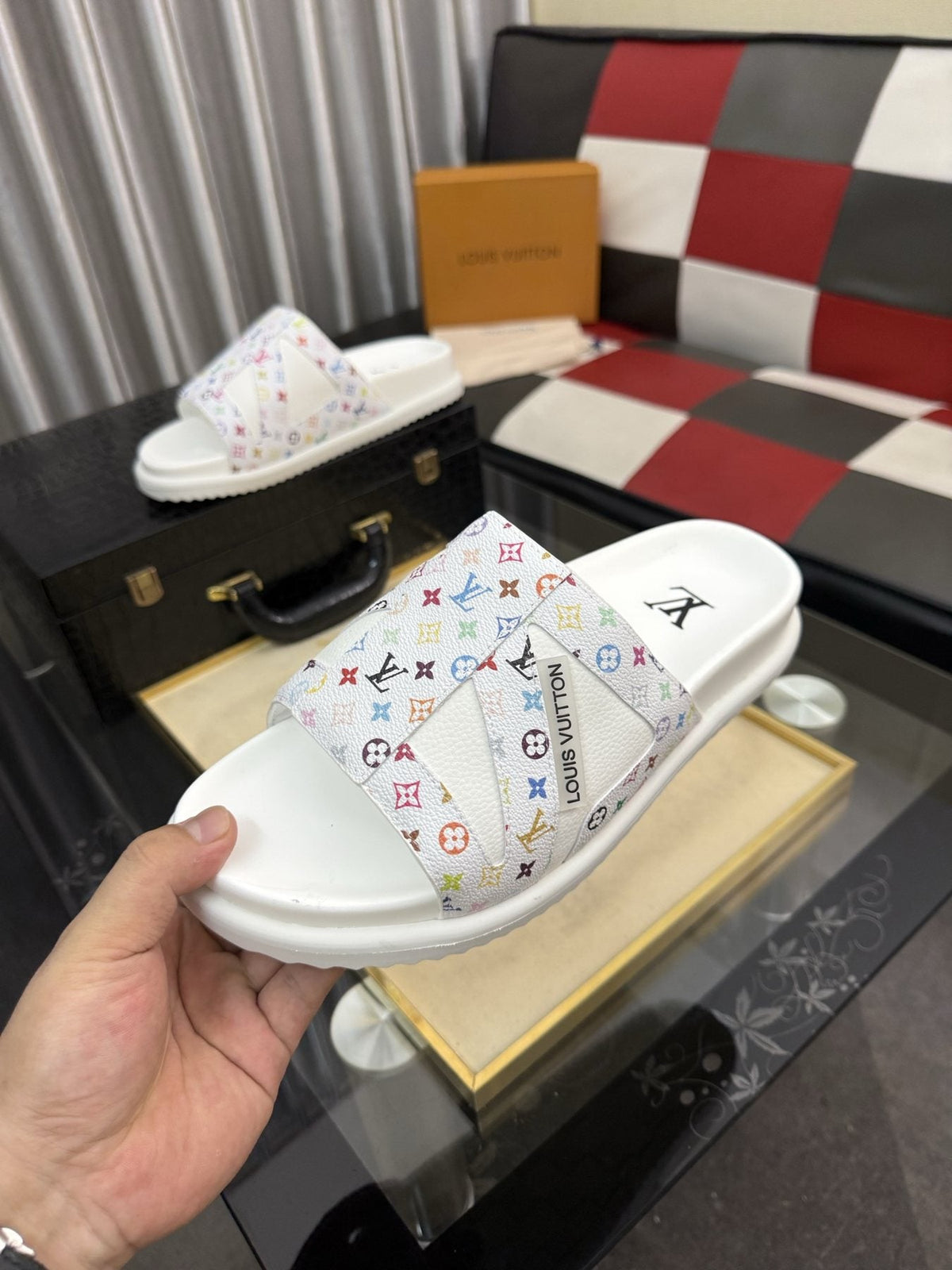 Louis Vuitton White Monogram Print Slide Sandals