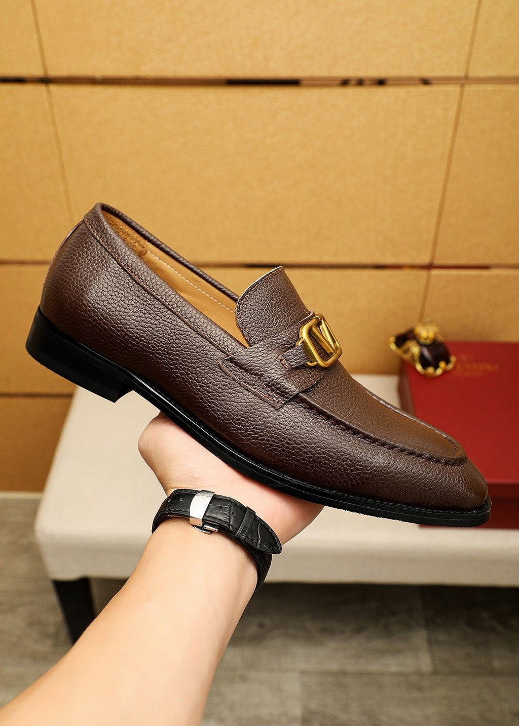 Valentino Gold-Tone V Hardware Loafers