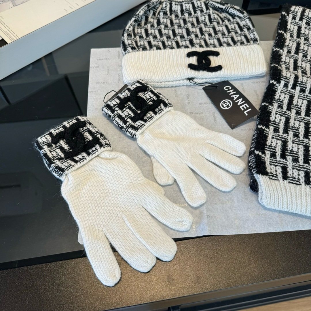Chanel Logo Knit Hat, Scarf & Gloves Set