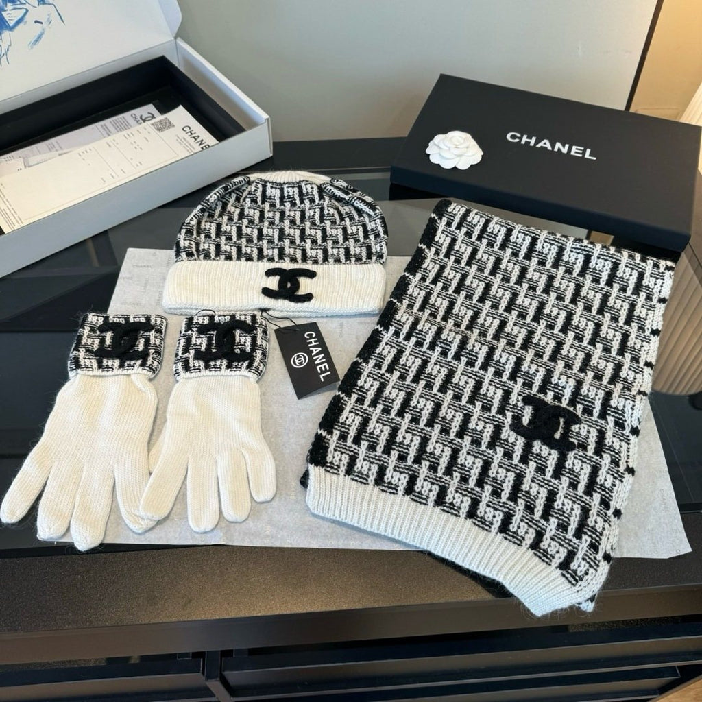 Chanel Logo Knit Hat, Scarf & Gloves Set
