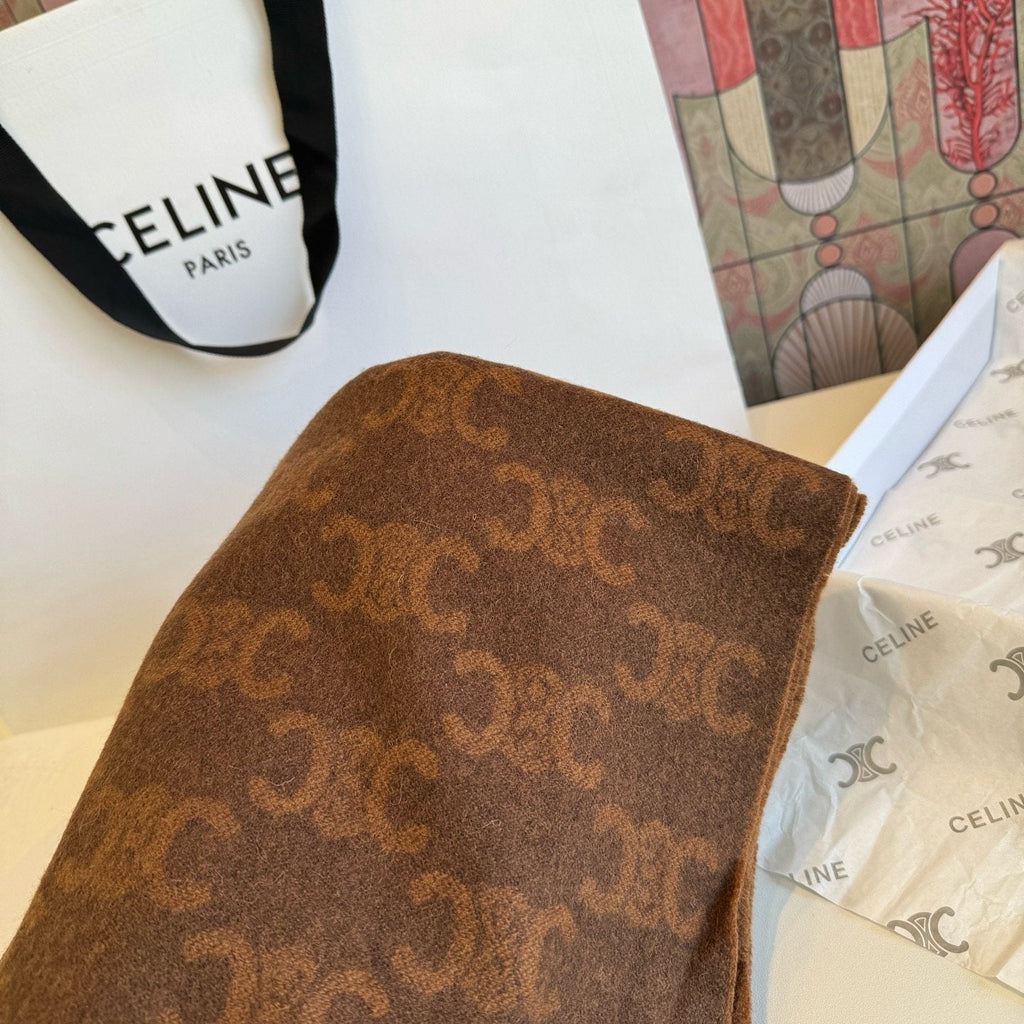 CELINE Brown Monogram Fringed Scarf