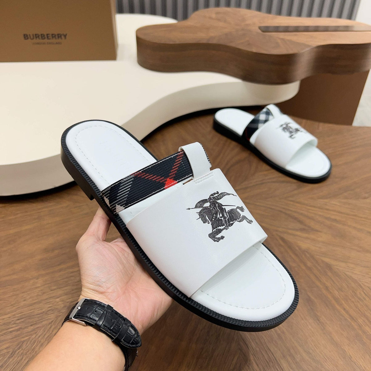 Burberry Checked Accent Slide Sandals
