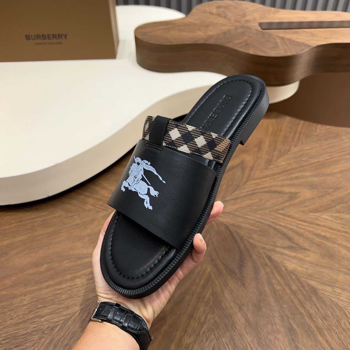 Burberry Checked Accent Slide Sandals